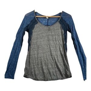 Free People We the Free Burnout Lace Detail Gray Blue Long Sleeve Tee